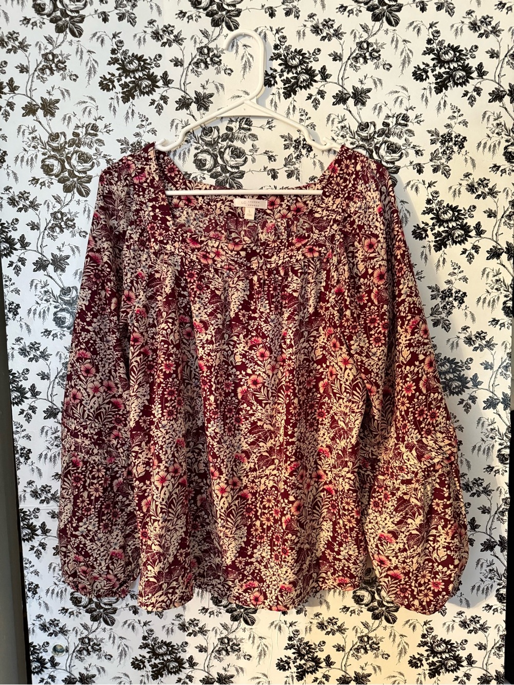 Lauren Conrad Floral Peasant Blouse in Burgundy and Cream